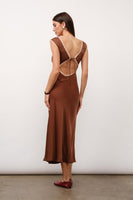 Valentina Tie Back Maxi Dress In Brown Satin