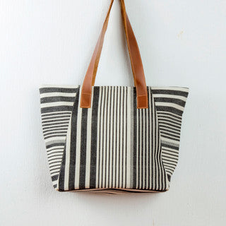 Black & White Tote with Leather Straps