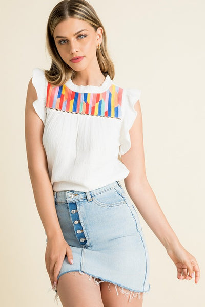 Embroidered Ruffle Sleeve Knit Top