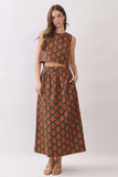 CT10155-Floral Print Back Button Down Crop Top + Maxi Skirt