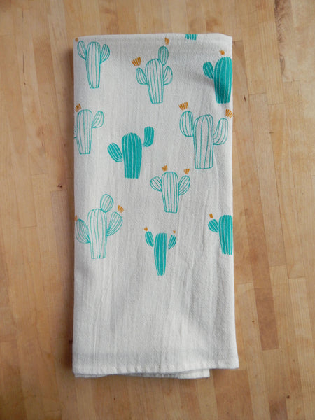 Cacti Towel, Handprinted Cotton Kitchen Towel, Cactus
