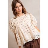 POLKA DOT COTTON LACE TRIM SHORT SLEEVES BLOUSE TOP
