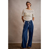 POCKET LACE TRIM WIDE LEG PULL ON DENIM PANT