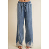 LACE TRIM WIDE LEG ELASTIC MID RISE DENIM PANTS