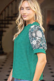 36723 Floral Embroidered Lace Puff Sleeve Solid Textured Top