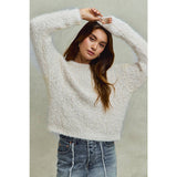 FUZZY PLUSH DIMENSIONAL CREW NECK SWEATER KNIT TOP