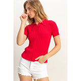 Rib Knitted Short Sleeve Polo Top