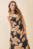 CD06079-Bold Floral Print High Crew Neck Midi Dress