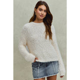 FUZZY PLUSH DIMENSIONAL CREW NECK SWEATER KNIT TOP
