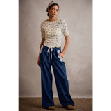 POCKET LACE TRIM WIDE LEG PULL ON DENIM PANT