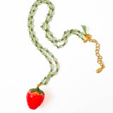 Kids Strawberry Charm Necklace with Green Beads