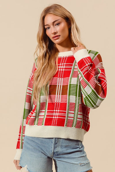 Christmas Color Checkered Plaid Crew Neck Sweater