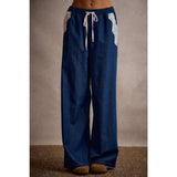 POCKET LACE TRIM WIDE LEG PULL ON DENIM PANT