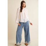 LACE TRIM WIDE LEG ELASTIC MID RISE DENIM PANTS