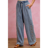 SIDE BUTTONS PULL ON WIDE LEG DENIM JEANS PANTS