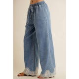 LACE TRIM WIDE LEG ELASTIC MID RISE DENIM PANTS