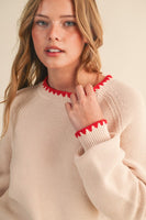 Long Puff Sleeve Sweater With Contrast Stitch