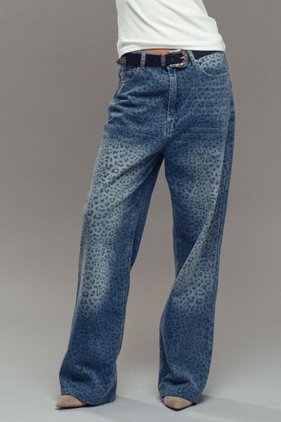 Leopard Print Wide Leg Denim Pants