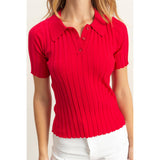 Rib Knitted Short Sleeve Polo Top