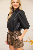 35999 Ruffled Self Tie Waist Animal Print Faux Leather Short