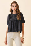 CT9659-Pleated Detail Round Neck Short Metallic Top