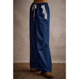 POCKET LACE TRIM WIDE LEG PULL ON DENIM PANT