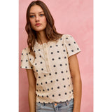 POLK-A-DOT KNIT LACE TRIM ON NECKLINE SHORT TOP