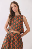 CT10155-Floral Print Back Button Down Crop Top + Maxi Skirt