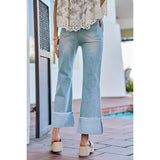 MID RISE DENIM FRAYED ROLL UP HEM WIDE LEG JEANS