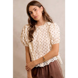POLKA DOT COTTON LACE TRIM SHORT SLEEVES BLOUSE TOP