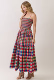 CD07440-Smocked Bodice Plaid Tiered Maxi Dress