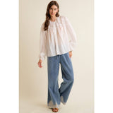 LACE TRIM WIDE LEG ELASTIC MID RISE DENIM PANTS