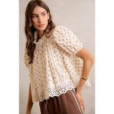POLKA DOT COTTON LACE TRIM SHORT SLEEVES BLOUSE TOP