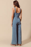 Wide Leg Bootcut Denim Jumpsuit With Back Zipper