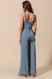 Wide Leg Bootcut Denim Jumpsuit With Back Zipper