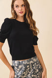 CT9483-Edge Ribbed Trims Puffed Sleeves Knit Top
