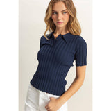 Rib Knitted Short Sleeve Polo Top