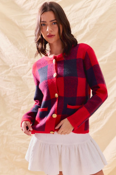 Checkered Plaid Gold Button Sweater Cardigan