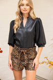 35999 Ruffled Self Tie Waist Animal Print Faux Leather Short