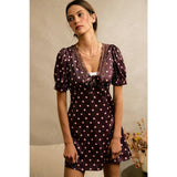SATIN POLKA DOT LACE TRIM SHORT SLEEVES MINI DRESS