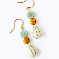 Flower and long Oval bead Earrings, Fall Winter Jewelry