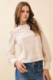 CT9536-Lace High Neck Back Keyhole Puff Sleeves Blouse