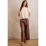 POLKA DOT COTTON LACE TRIM SHORT SLEEVES BLOUSE TOP