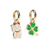 Hoop Earrings - Lucky Cat & Clover - Gold Shamrock