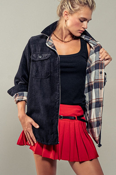 Corduroy And Plaid Flannel Shacket W/chest Pockets- 3 Colors