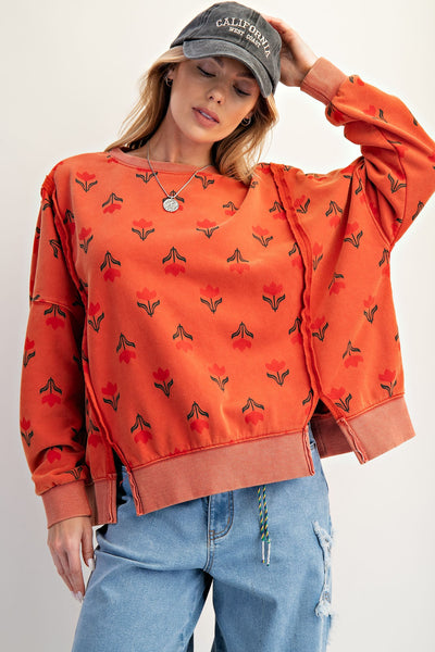 Floral Print Washed Thermal Pullover