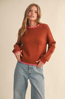 Long Puff Sleeve Sweater With Contrast Stitch