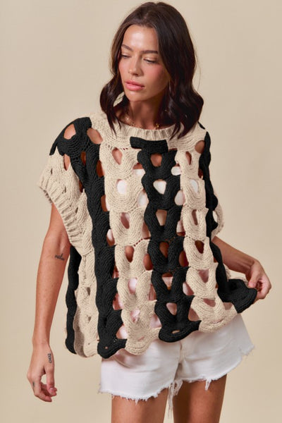 Color Block Open Knit Sweater Vest Top