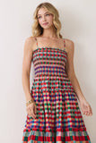 CD07440-Smocked Bodice Plaid Tiered Maxi Dress