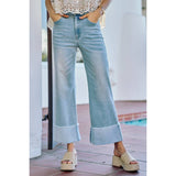 MID RISE DENIM FRAYED ROLL UP HEM WIDE LEG JEANS